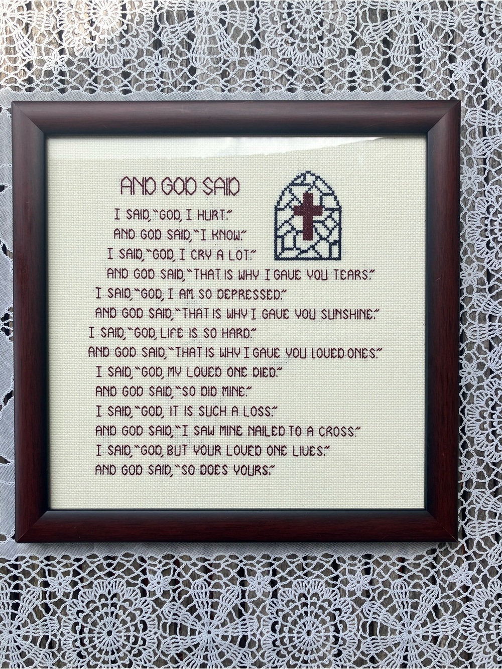 Vintage Framed Completed Cross Stitch “And God Said” poem Wall Art~Christian Rel